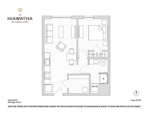 Floor plan for 1 bed, 1 bath, 615 sqft